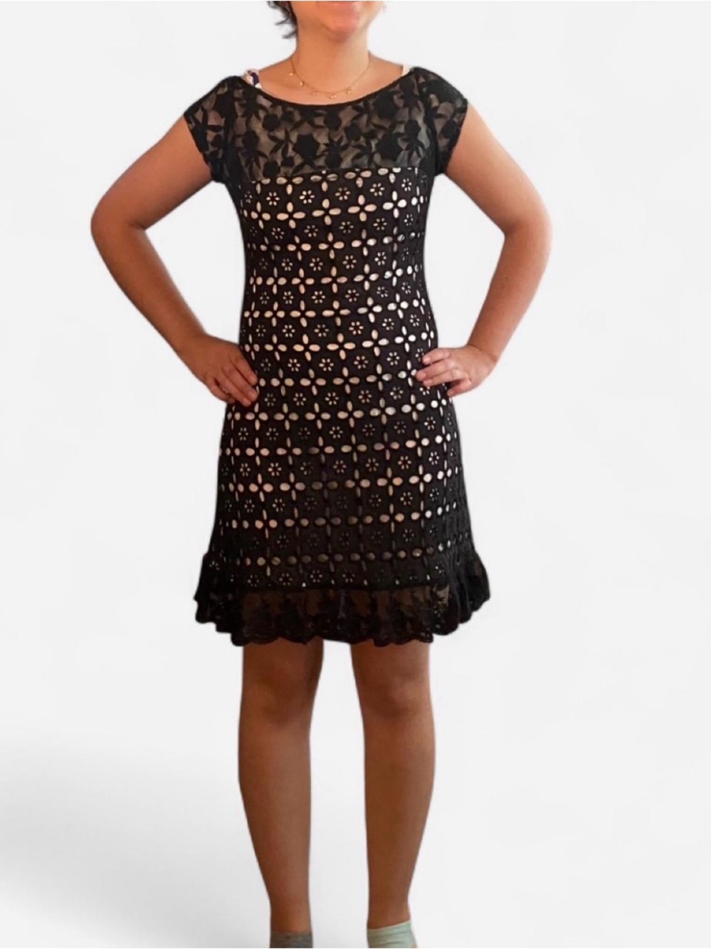 Black cocktail fit and flare a-line mini lace cotton dress floral overlay M
